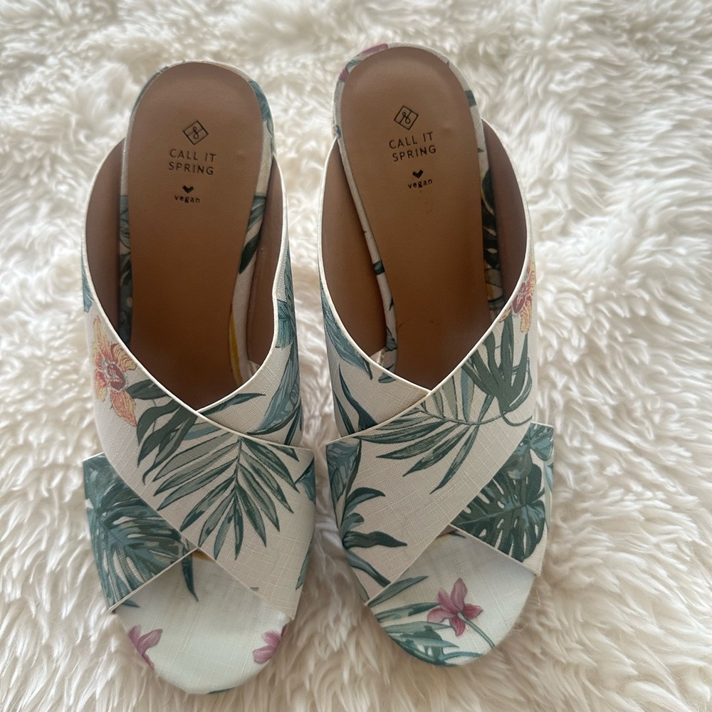 Call It Spring Green and Pink Mules with Tropical Print